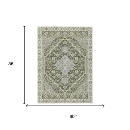 3' X 5' Olive Green And Green Oriental Washable Indoor Outdoor Area Rug HomeRoots