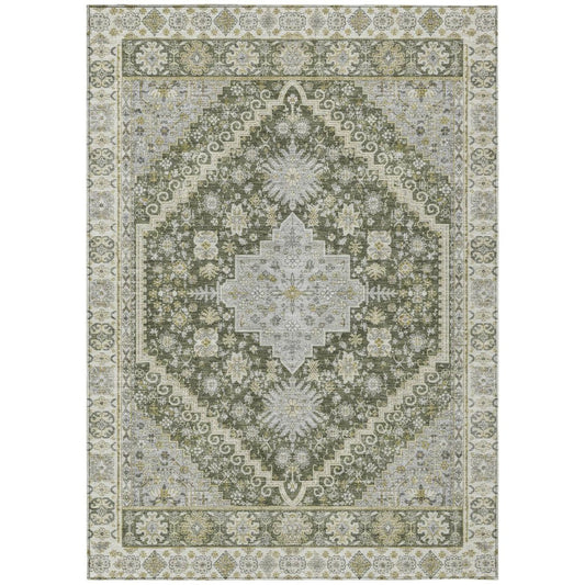 3' X 5' Olive Green And Green Oriental Washable Indoor Outdoor Area Rug