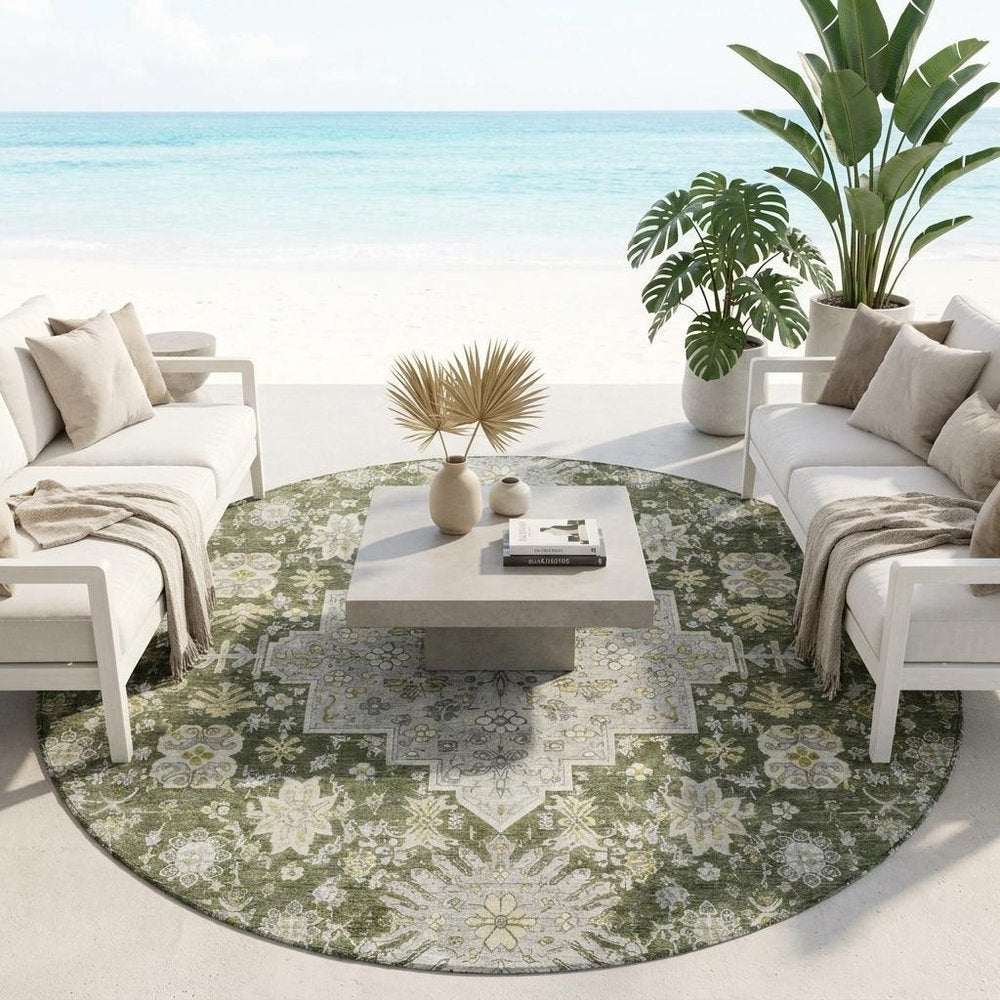 8' Olive Green And Green Round Oriental Washable Indoor Outdoor Area Rug — view 4