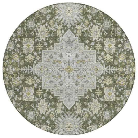 8' Olive Green And Green Round Oriental Washable Indoor Outdoor Area Rug