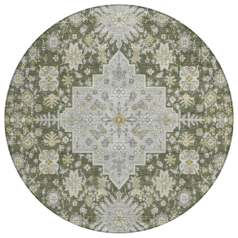 8' Olive Green And Green Round Oriental Washable Indoor Outdoor Area Rug — view 1