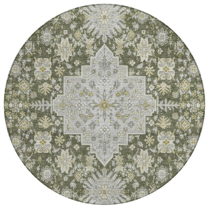 8' Olive Green And Green Round Oriental Washable Indoor Outdoor Area Rug HomeRoots