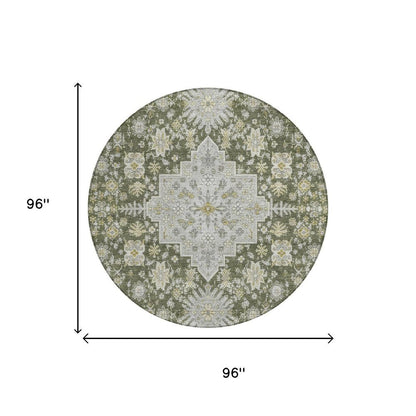 8' Olive Green And Green Round Oriental Washable Indoor Outdoor Area Rug HomeRoots