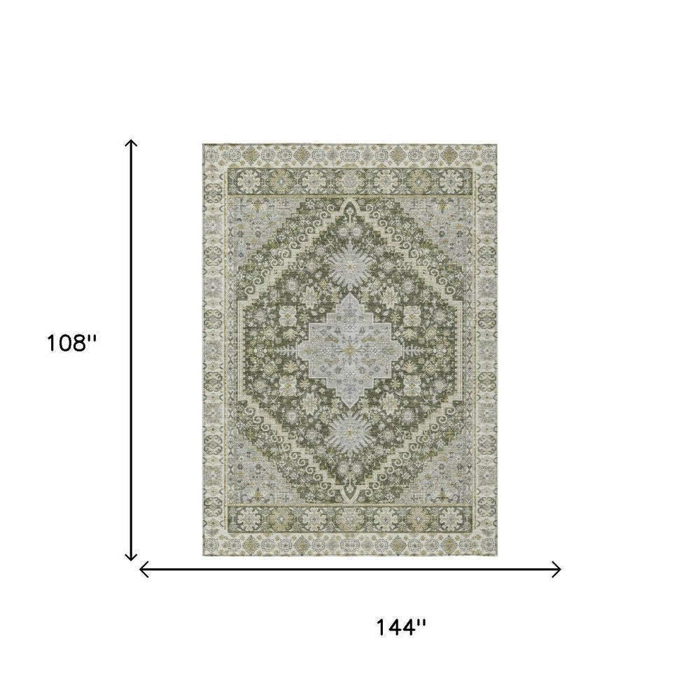 9' X 12' Olive Green And Green Oriental Washable Indoor Outdoor Area Rug HomeRoots