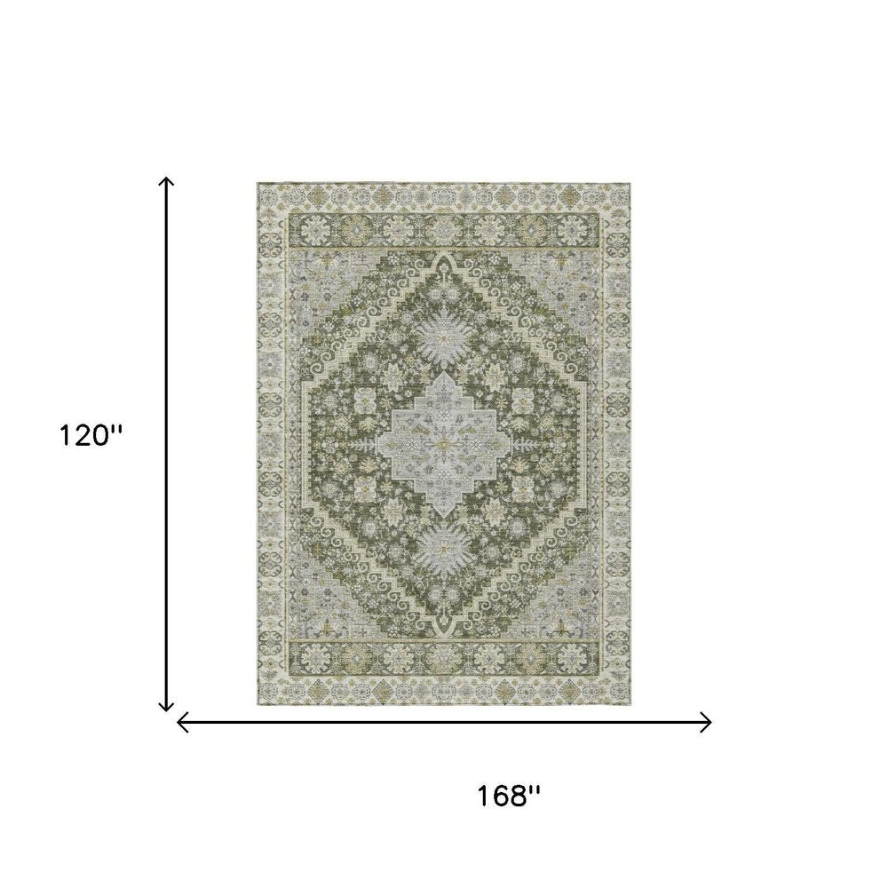 10' X 14' Olive Green And Green Oriental Washable Indoor Outdoor Area Rug — view 3