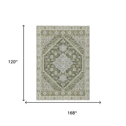 10' X 14' Olive Green And Green Oriental Washable Indoor Outdoor Area Rug HomeRoots