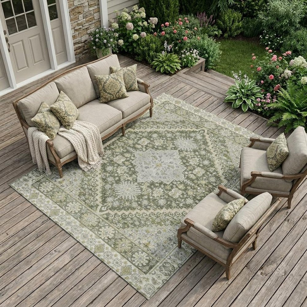 10' X 14' Olive Green And Green Oriental Washable Indoor Outdoor Area Rug — view 4