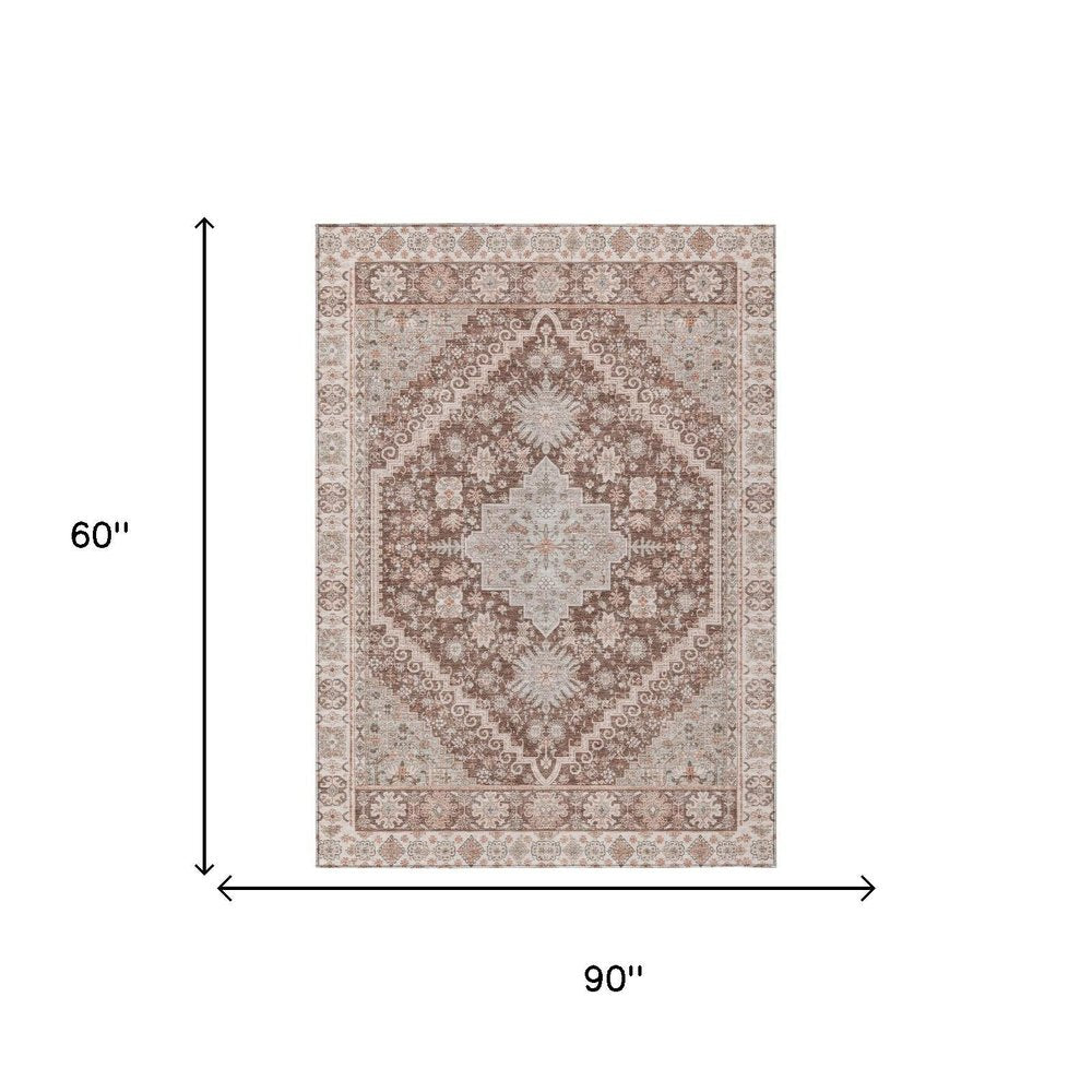 5' X 8' Orange And Beige Oriental Washable Indoor Outdoor Area Rug HomeRoots