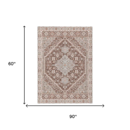 5' X 8' Orange And Beige Oriental Washable Indoor Outdoor Area Rug HomeRoots