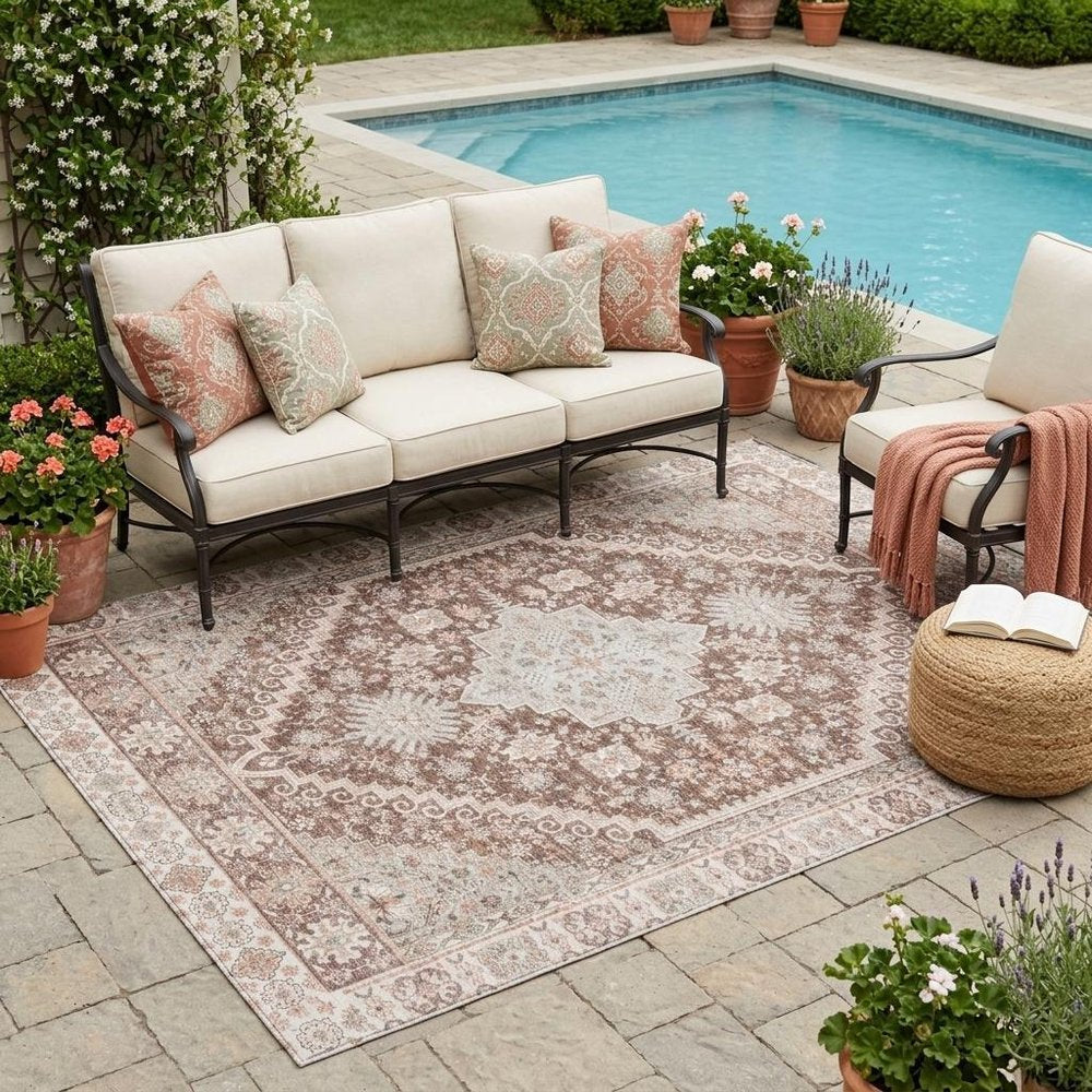5' X 8' Orange And Beige Oriental Washable Indoor Outdoor Area Rug HomeRoots