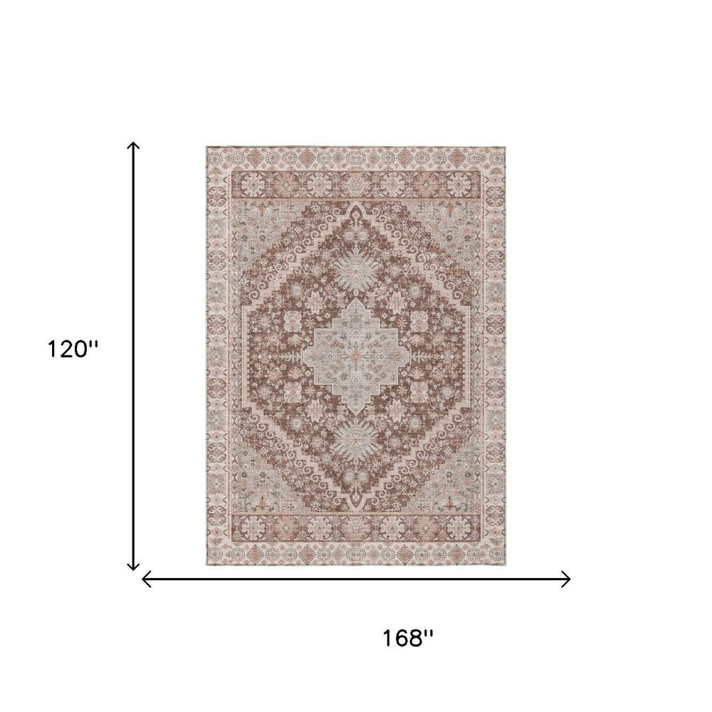 10' X 14' Orange And Beige Oriental Washable Indoor Outdoor Area Rug HomeRoots
