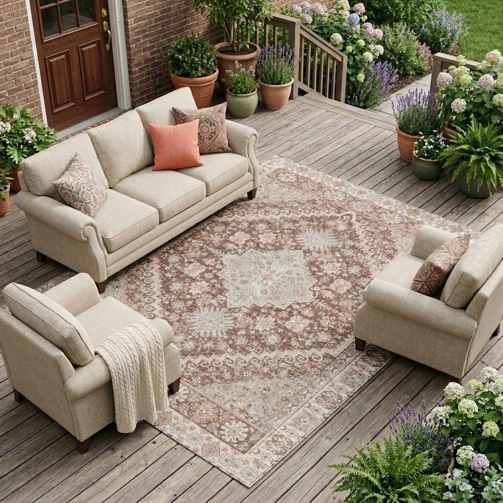 10' X 14' Orange And Beige Oriental Washable Indoor Outdoor Area Rug HomeRoots