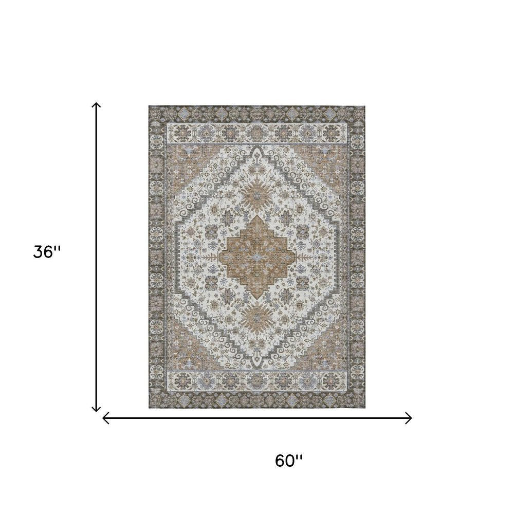 3' X 5' Pearl And Ivory Oriental Washable Indoor Outdoor Area Rug — view 4