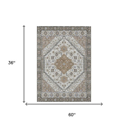 3' X 5' Pearl And Ivory Oriental Washable Indoor Outdoor Area Rug HomeRoots