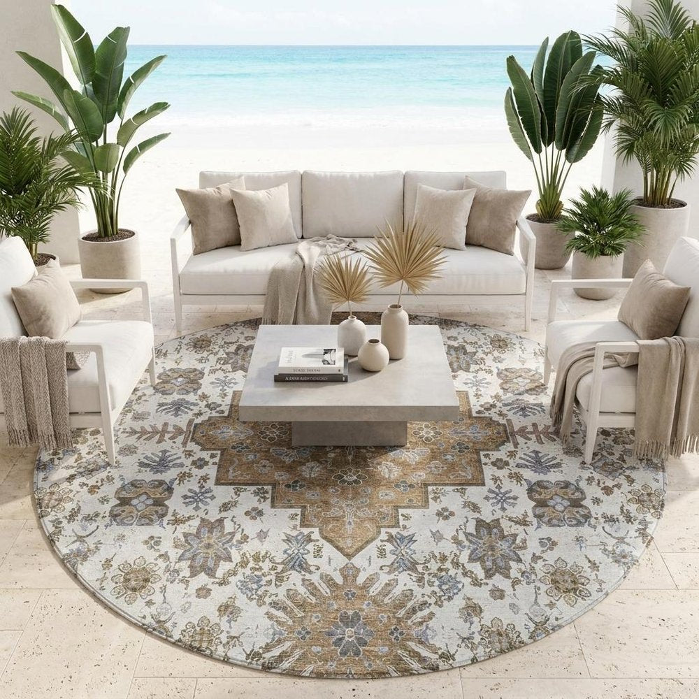 8' Pearl And Ivory Round Oriental Washable Indoor Outdoor Area Rug — view 5