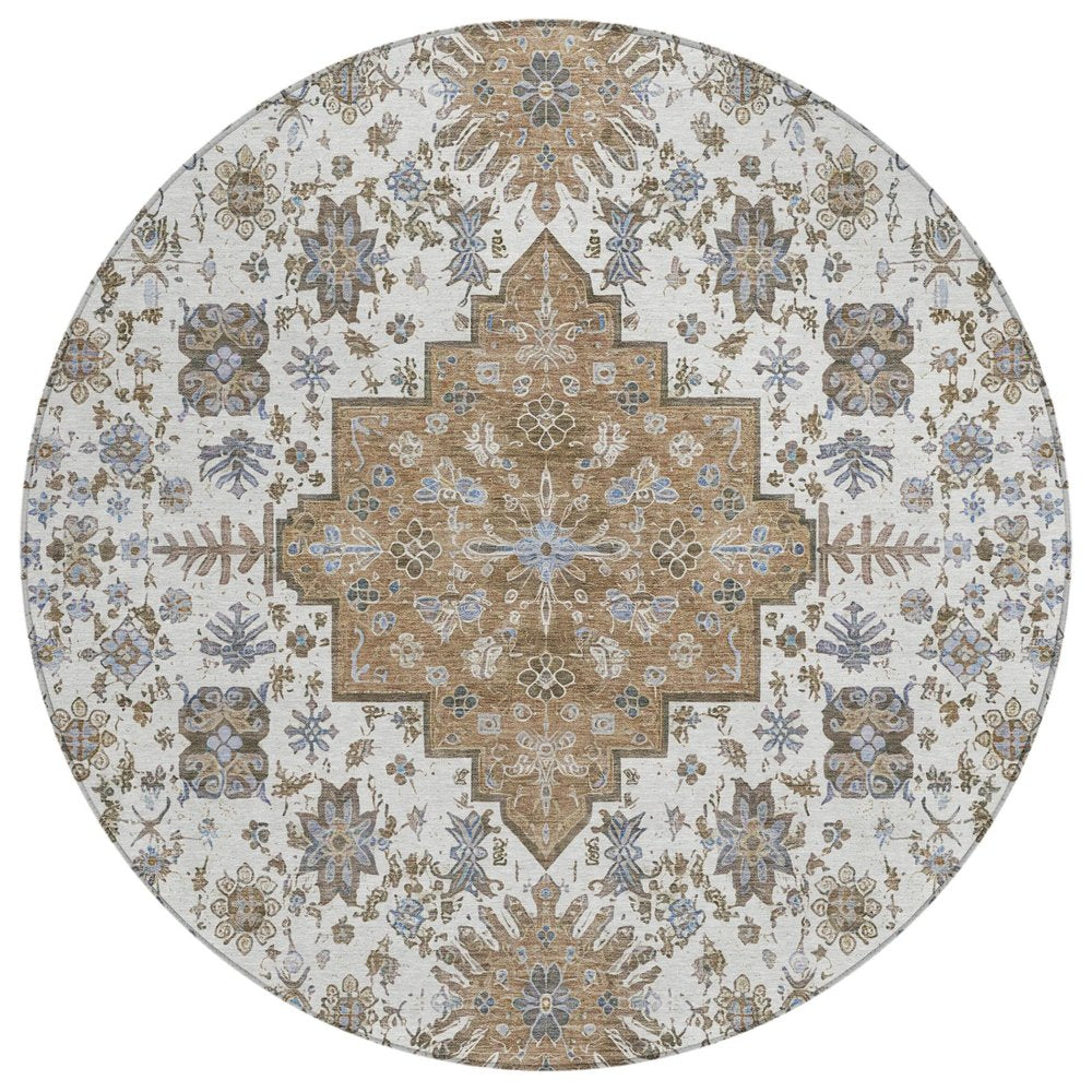 8' Pearl And Ivory Round Oriental Washable Indoor Outdoor Area Rug — view 1