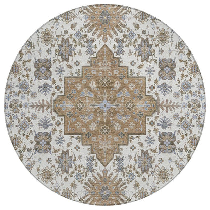 8' Pearl And Ivory Round Oriental Washable Indoor Outdoor Area Rug HomeRoots
