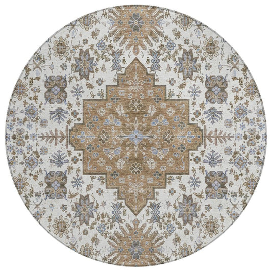 8' Pearl And Ivory Round Oriental Washable Indoor Outdoor Area Rug