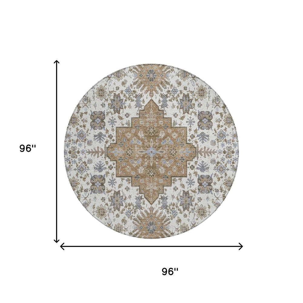 8' Pearl And Ivory Round Oriental Washable Indoor Outdoor Area Rug HomeRoots