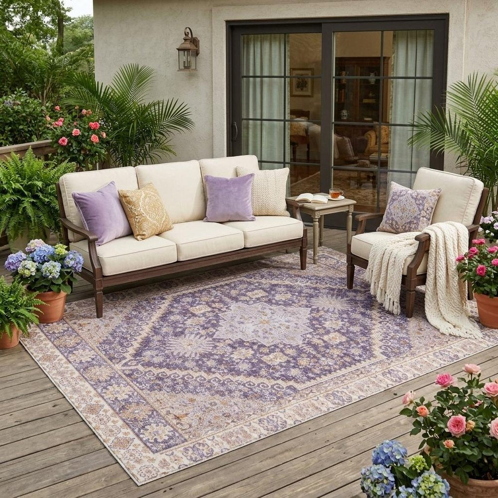 5' X 8' Purple And Blush Oriental Washable Indoor Outdoor Area Rug HomeRoots