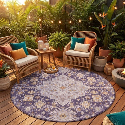 8' Purple And Blush Round Oriental Washable Indoor Outdoor Area Rug HomeRoots