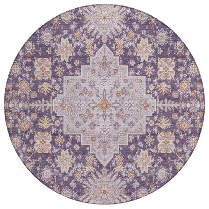 8' Purple And Blush Round Oriental Washable Indoor Outdoor Area Rug HomeRoots