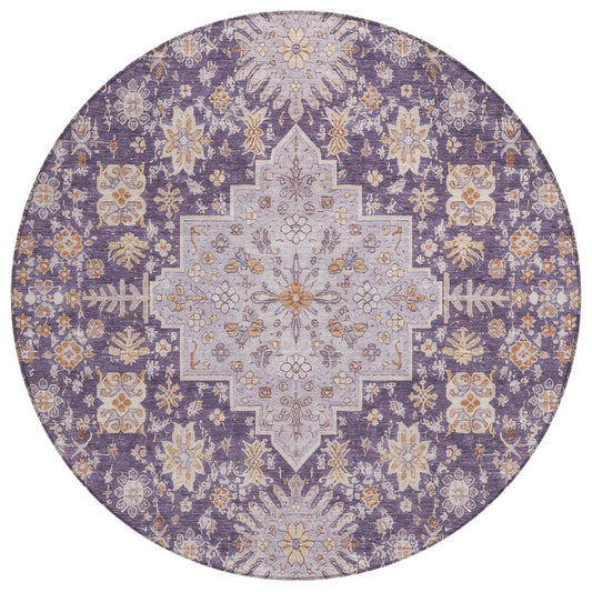 8' Purple And Blush Round Oriental Washable Indoor Outdoor Area Rug