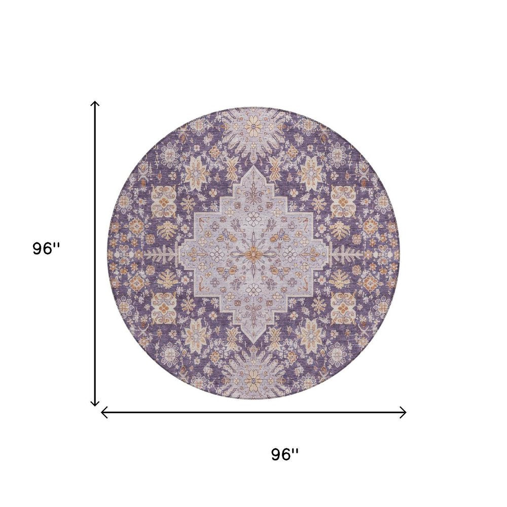8' Purple And Blush Round Oriental Washable Indoor Outdoor Area Rug HomeRoots