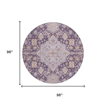 8' Purple And Blush Round Oriental Washable Indoor Outdoor Area Rug HomeRoots