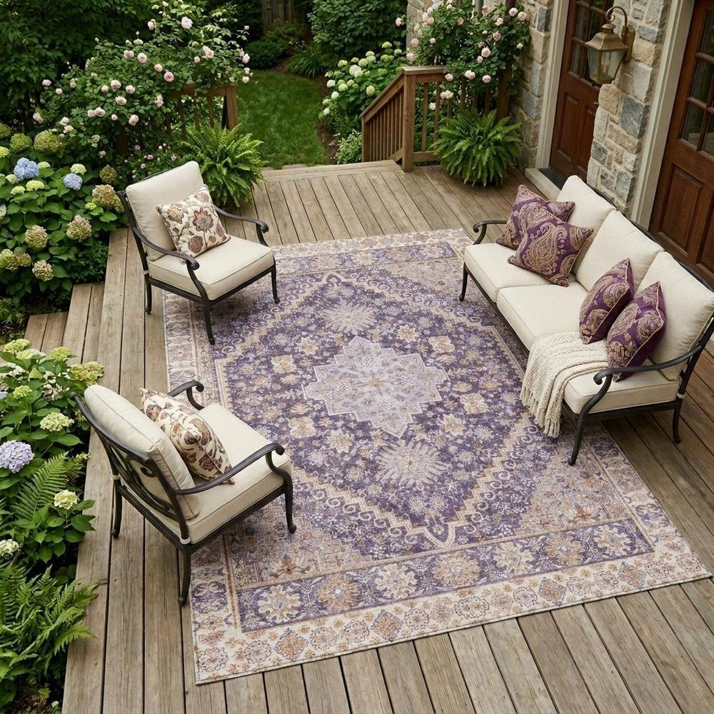 9' X 12' Purple And Blush Oriental Washable Indoor Outdoor Area Rug HomeRoots