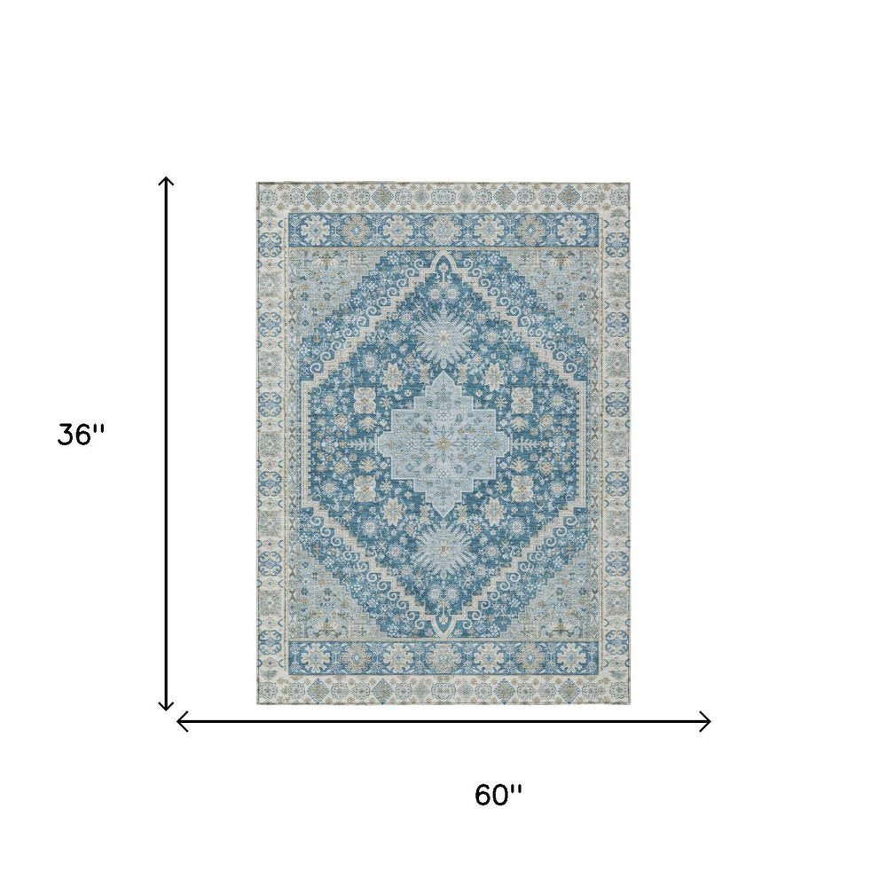 3' X 5' Teal Blue And Silver Oriental Washable Indoor Outdoor Area Rug — view 5