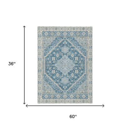 3' X 5' Teal Blue And Silver Oriental Washable Indoor Outdoor Area Rug HomeRoots