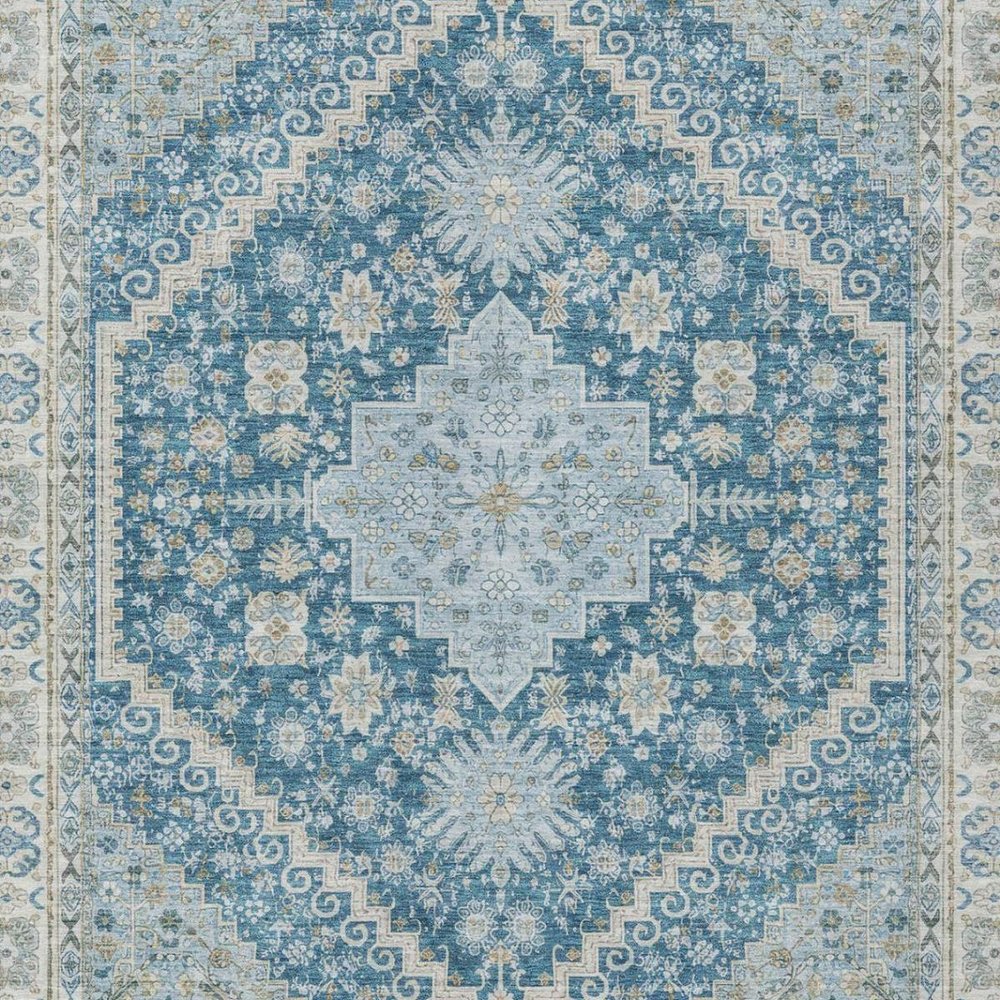 3' X 5' Teal Blue And Silver Oriental Washable Indoor Outdoor Area Rug — view 7