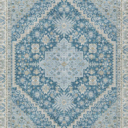 3' X 5' Teal Blue And Silver Oriental Washable Indoor Outdoor Area Rug
