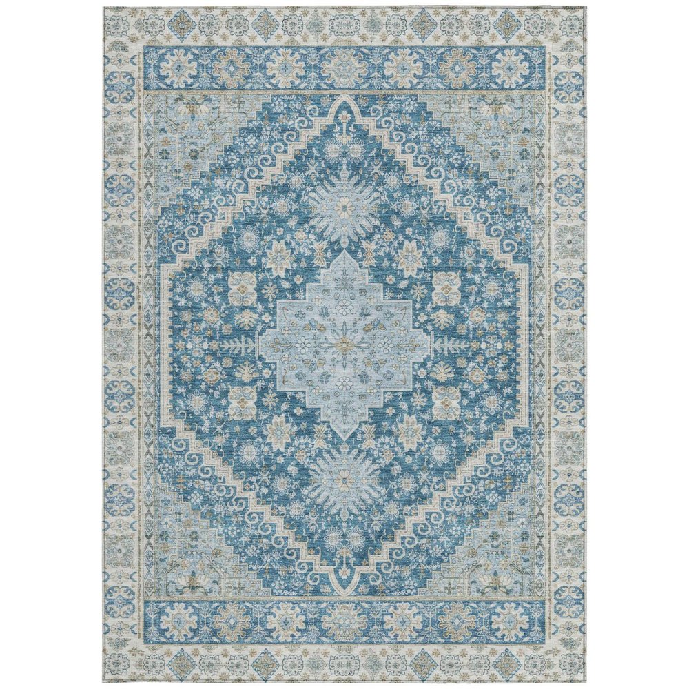 3' X 5' Teal Blue And Silver Oriental Washable Indoor Outdoor Area Rug
