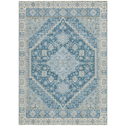 3' X 5' Teal Blue And Silver Oriental Washable Indoor Outdoor Area Rug