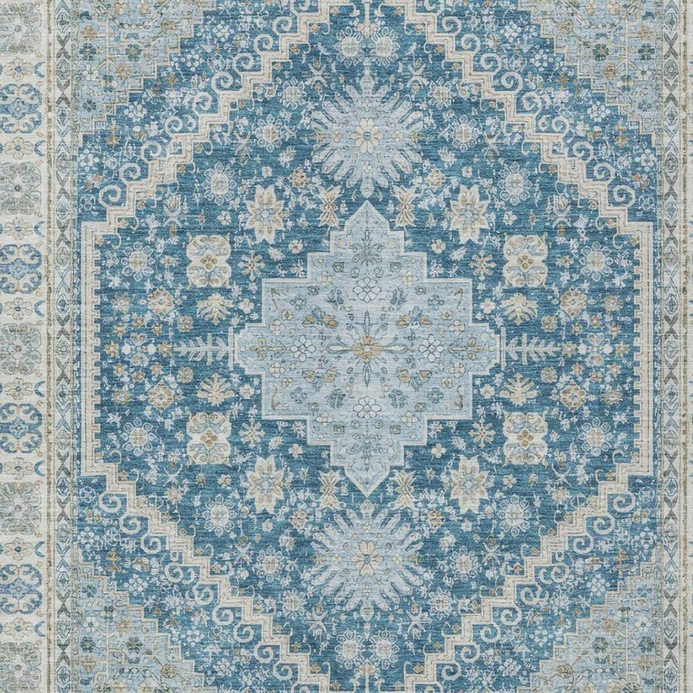3' X 5' Teal Blue And Silver Oriental Washable Indoor Outdoor Area Rug — view 9