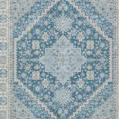 3' X 5' Teal Blue And Silver Oriental Washable Indoor Outdoor Area Rug