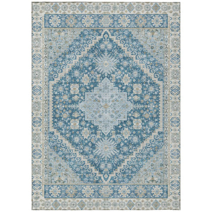 3' X 5' Teal Blue And Silver Oriental Washable Indoor Outdoor Area Rug HomeRoots