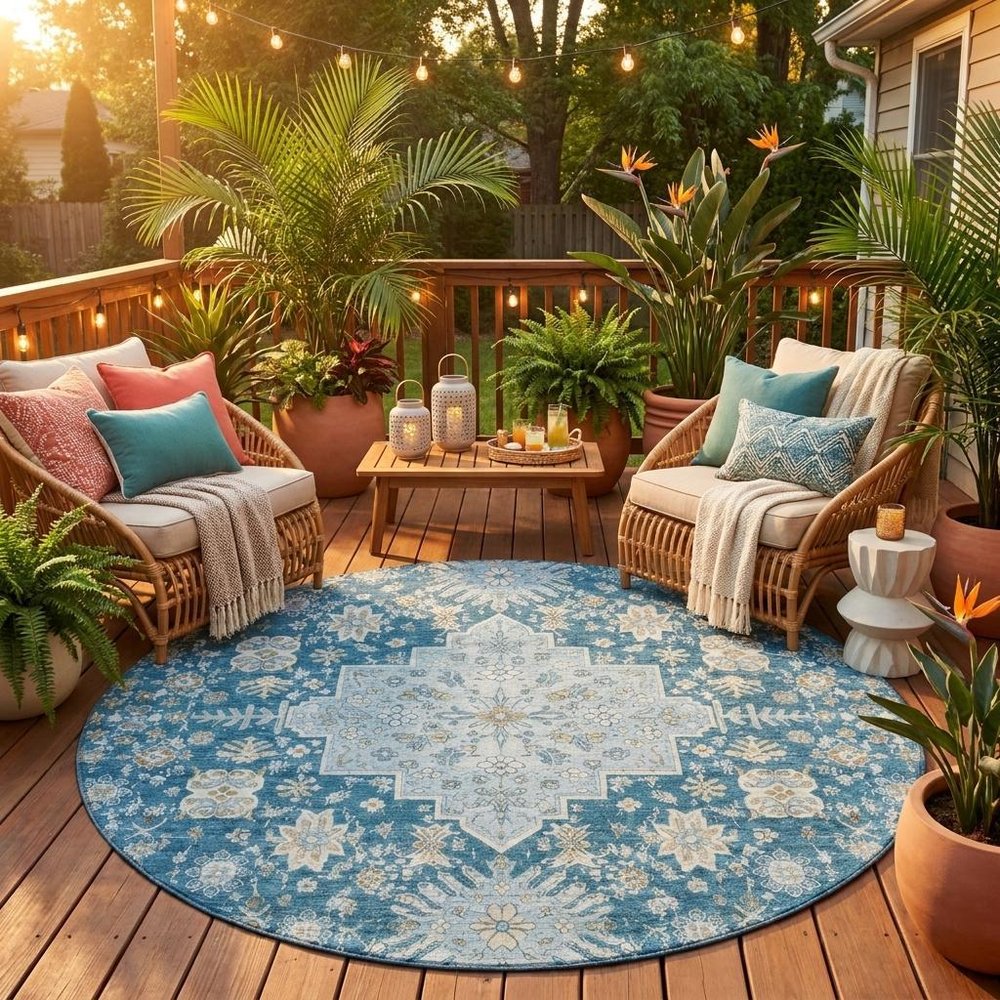 8' Teal Blue And Silver Round Oriental Washable Indoor Outdoor Area Rug — view 5