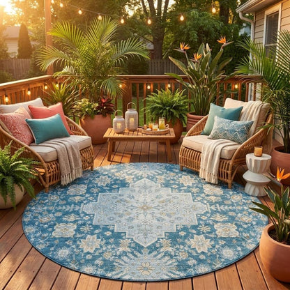 8' Teal Blue And Silver Round Oriental Washable Indoor Outdoor Area Rug HomeRoots