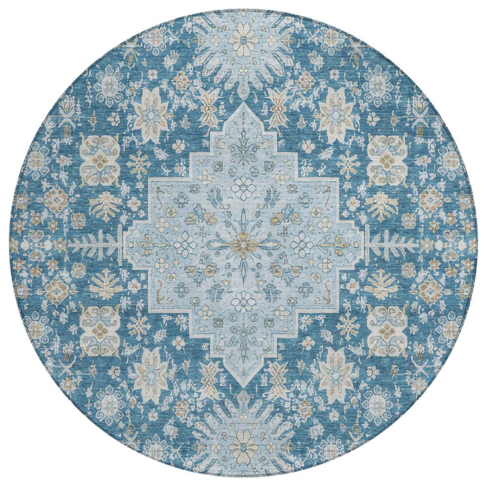 8' Teal Blue And Silver Round Oriental Washable Indoor Outdoor Area Rug HomeRoots