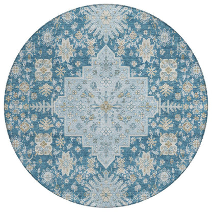 8' Teal Blue And Silver Round Oriental Washable Indoor Outdoor Area Rug HomeRoots