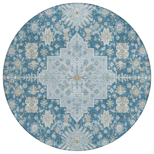 8' Teal Blue And Silver Round Oriental Washable Indoor Outdoor Area Rug