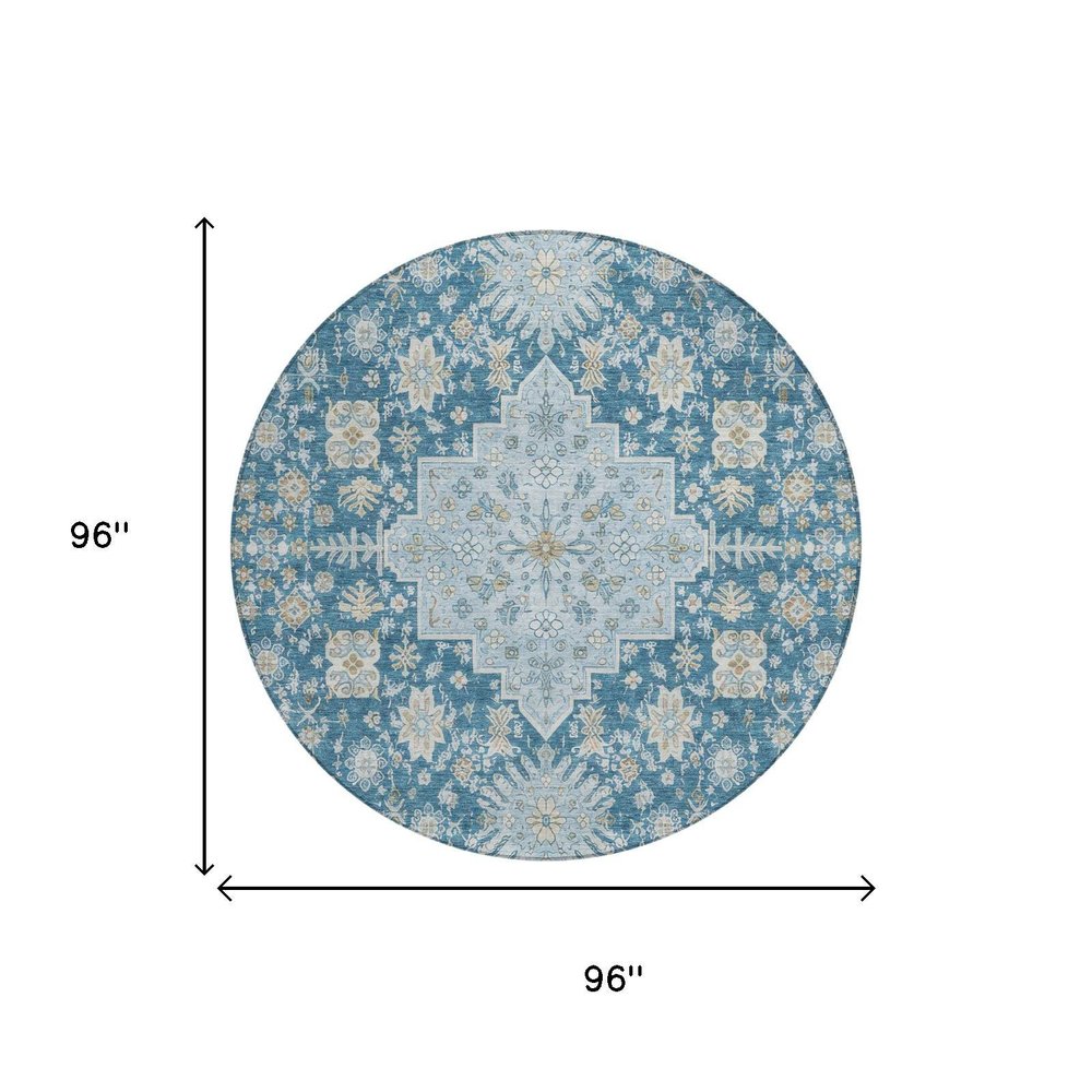 8' Teal Blue And Silver Round Oriental Washable Indoor Outdoor Area Rug — view 4
