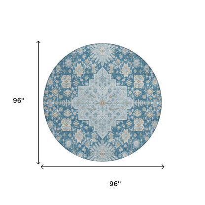 8' Teal Blue And Silver Round Oriental Washable Indoor Outdoor Area Rug HomeRoots
