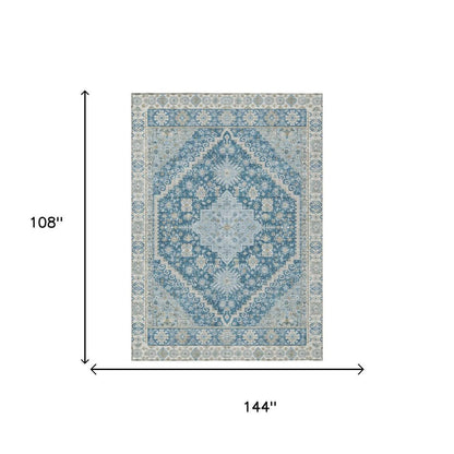9' X 12' Teal Blue And Silver Oriental Washable Indoor Outdoor Area Rug HomeRoots