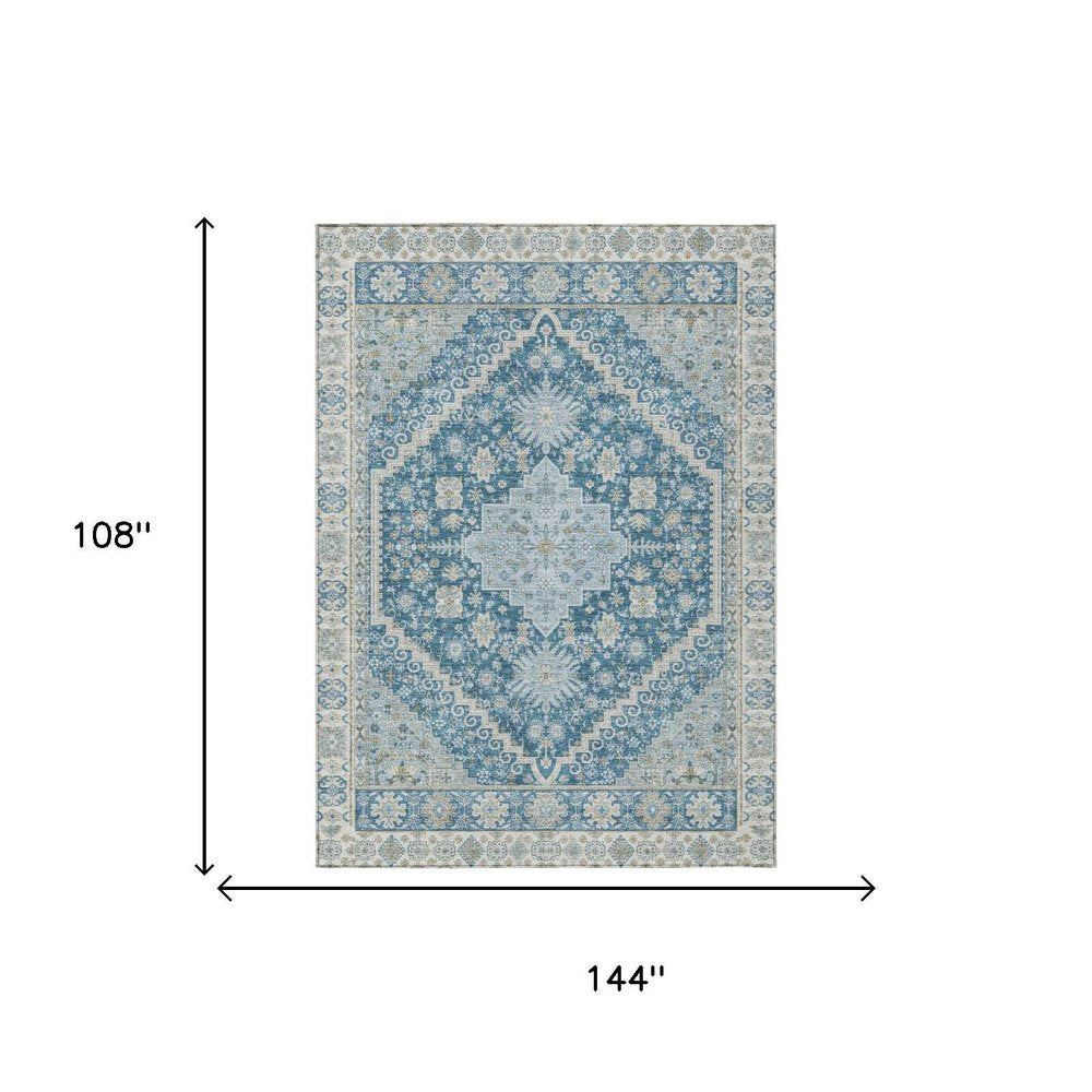 9' X 12' Teal Blue And Silver Oriental Washable Indoor Outdoor Area Rug