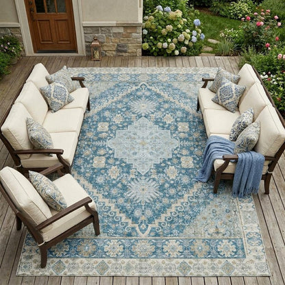 9' X 12' Teal Blue And Silver Oriental Washable Indoor Outdoor Area Rug