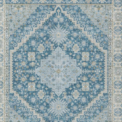 9' X 12' Teal Blue And Silver Oriental Washable Indoor Outdoor Area Rug
